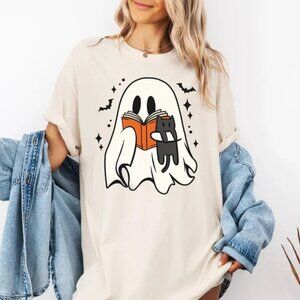 Ghost Reading Books Shirt, Bookish Cat Halloween Shirt